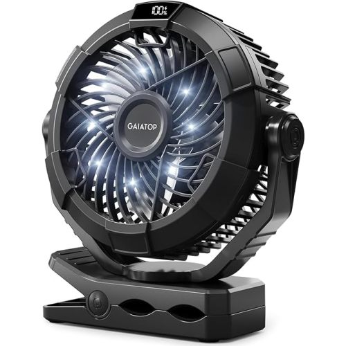 Gaiatop Portable Camping Fan with LED Lantern, 360°Rotation and Clip on for Desk, 4000mAh USB Rechargeable Battery Powered, Digital Display and Hanging Hook for Tent Outdoor Travel Bedroom Black