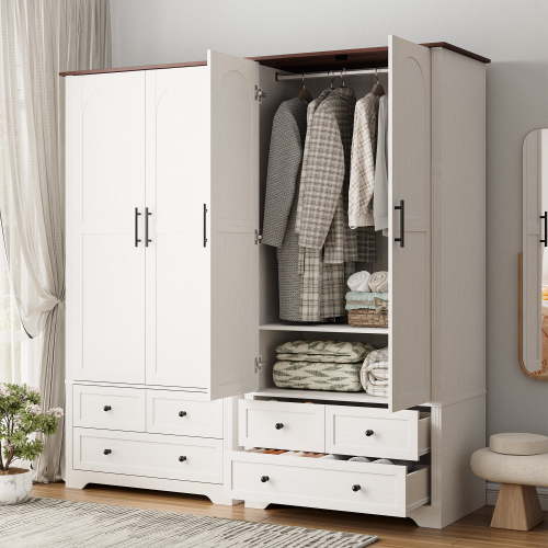 VEANERWOOD Large 2 Doors Wardrobe Closet with 2 Drawer and Hanging Rail, Clothes Storage Cabinet Organizer for Bedroom, White