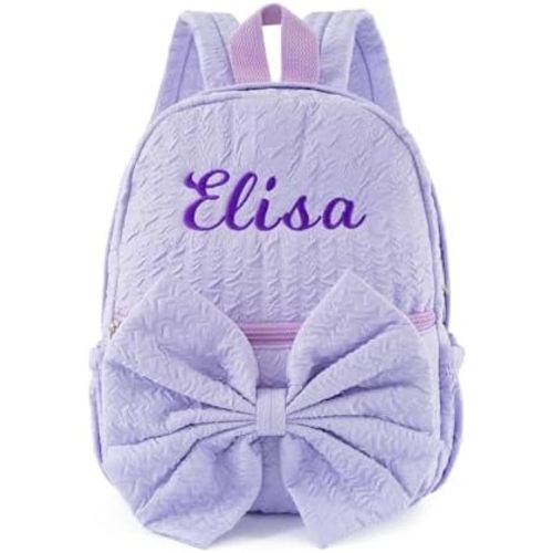 Daycare Backpack Personalized Small 12inch Backpack with Embroidered Name Custom Lavender Quilted Backpacks with Large Bow Purple Daycare Diaper Bag for Travel Overnight Birthday Gifts