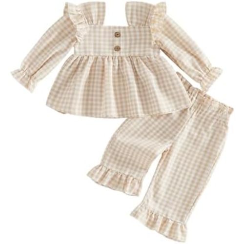 Gaono Toddler Baby Girls Plaid Outfits Gingham Ruffled Long Sleeve Tops Dress Long Pants Set Little Girl 2Pcs Summer Clothes