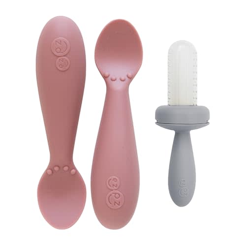 ezpz Baby Feeding Bundle – Tiny Spoon (2-Pack, Blush) + Gumline Feeder (Pewter) – 100% Silicone Baby-Led Weaning Set for 4–6+ Months – Infant Feeding Essentials for Purees & Fruit