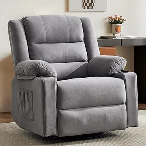 360°Swivel Rocker Recliner Chair for Adults,Manual Glider Recliner Sofa with Massage and Heating, Nursery Rocking Chairs with Cup Holds for Living Room Bedroom(Grey)