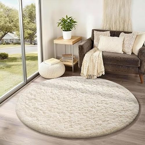 Ophanie Round Rug 4Ft Ivory Circle Area Rugs, Fluffy Fuzzy Small Bedroom Carpet 4 foot, Plush Shag Floor Cream Living Room Christmas Circular Aesthetic Decor for Kids Teen Boys Baby, Nursery,Classroom