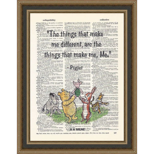 Winnie the Pooh &quot;The things that make me different&quot; quote printed on a vintage dictionary page. Nursery Wall Decor, Pooh Bear Art, Kids Room