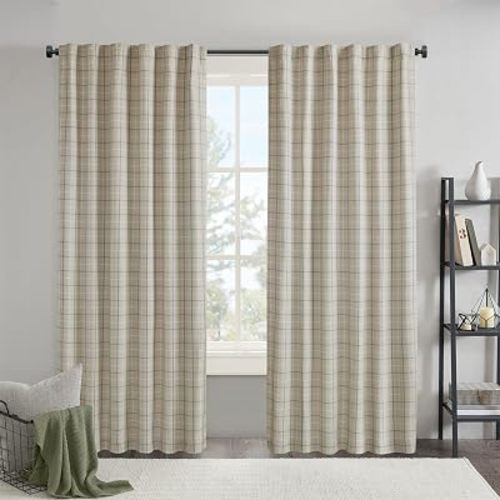 Madison Park Plaid Curtain Thermal Insulated, 1 Panel, 50x84 Linen Blue