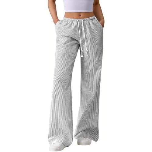 BTFBM Striped Wide Leg Pants for Women Spring Summer 2026 Drawstring Lounge PJ Beach Bottoms Casual Trousers Pockets