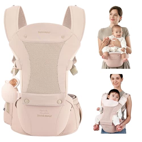 Bebamour Baby Carrier with Hip Seat,All-Position Breathable Mesh Hip Seat & Carrier 0-36Months with Head Hood, 3 PCS Cotton Pads, Waist Extender,Storage Bag & Pacifier Case,Pink
