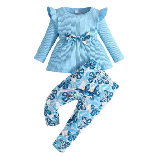 Baby Girl Clothes Toddler Girl Clothes Outfits Bowknot Tassel Clothing Print Pants Headbands Set Cute Clothes for Girls,Blue,9-12 Months