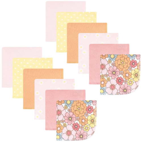 Hudson Baby Infant Girl Flannel Cotton Washcloths, Peace Love Flowers 12 Pack, One Size