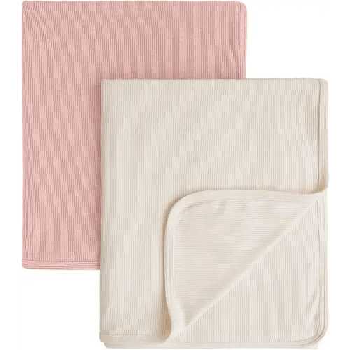 Konssy Knit Baby Blanket 2 Pack, Soft Ribbed Swaddle Receiving Blankets for Boys & Girls, Lightweight Cozy Swaddling Wrap for Newborns, Infants, & Toddlers, 33x42 Inch (Pink,Beige)