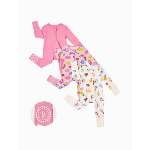 Bamboo Baby Boy / Girl 3-Pack Solid&Rainbow Printed 2-Way Zipper Anti Slip Long-sleeve Footie Pink