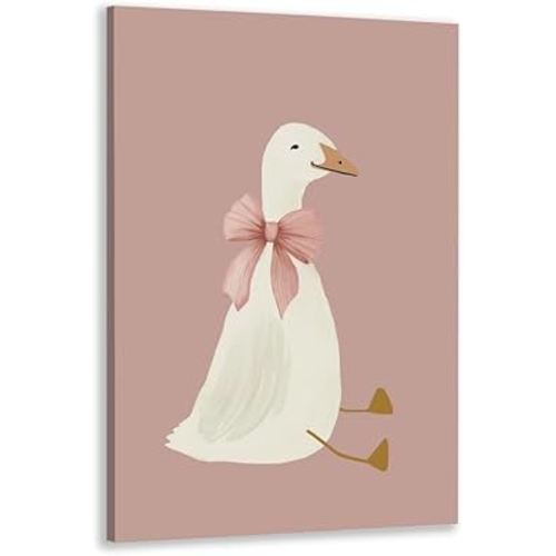 Coquette Trendy Pink Bow Canvas Wall Art - Cute Goose Poster, Sage Green Nursery Wall Decor, Farm Animal Print, Aesthetic Girl's Room, 8x12 Inch Framed