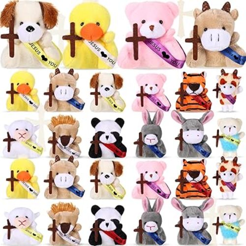 Soulchen 12 Pcs Jesus Love You Mini Plush Animal Toys for Kids Christian Small Stuffed Animal Toys with Ribbon and Cross Religious Gifts for Vbs Party Favors Easter Egg Fillers Church Decorations