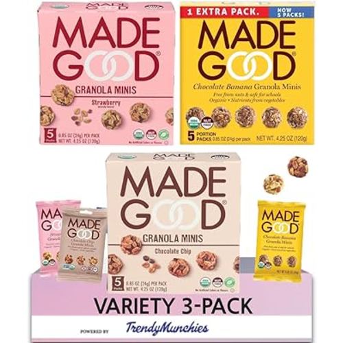Made Good Organic Healthy Granola Minis (15 Portion Variety Pack), Tree Nut and Peanut Free, Gluten Free, Vegan, Kosher, Chocolate Banana, Strawberry, Chocolate Chip - Packaged with TrendyMunchies Box (3 Flavors Included) (15 Pack Variety Pack, 15 Pack Va