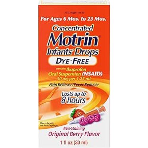 Motrin Infants Infant Ibuprofen Oral Suspension Concentrated Drops, NSAID Fever Reducer & Pain Reliever for Babies, Dye Free, Alcohol-Free, Berry Flavor, Includes Enclosed Syringe, 1 fl. oz