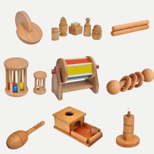 Montessori Wooden Baby Toy Set – Rolling Drum, Interlocking Discs, Object Box, Egg in Cup, Bell Cylinder