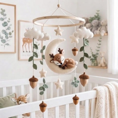 Deer Baby Mobile, Woodland Moon Crib Mobile, Handmade Fawn Nursery Decor, Baby Shower Gift, Autumn Nursery Mobile, Woodland  Baby Mobile
