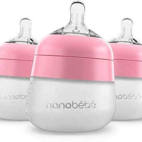 Nanobebe Flexy Silicone Baby Bottle, Anti-Colic, Natural Feel, Non-Collapsing Nipple, Non-Tip Stable Base, Easy to Clean 3-Pack, Pink, 5 oz
