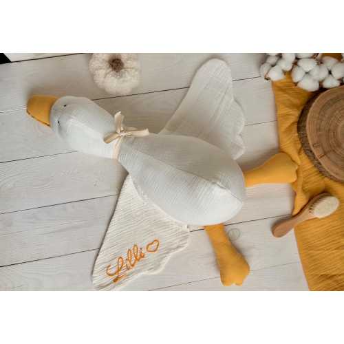 Handmade Goose with Personalized Name on Wing | Muslin Goose Toy | Baby Shower Gift | Soft Goose | Sleep Toys | Plush Goose| Goose for Baby