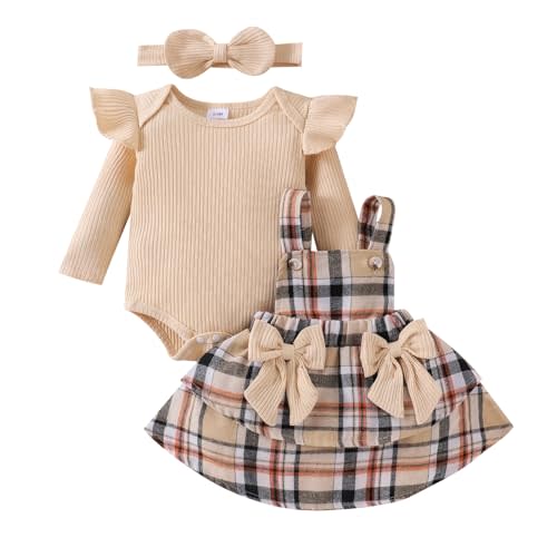 FOCUTEBB Baby Girl Clothes Fall Winter Outfit Long Sleeve Ruffle Romper Plaid Skirt Bow Headband 3 Pcs Set 0-18 Months