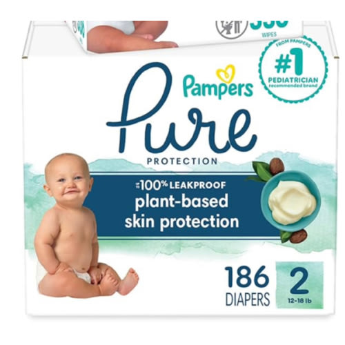 Pampers Baby Diapers - Pure Protection - Size 2, 120 Count, for up to 100% Leakproof, Premium Plant-based Skin Protection