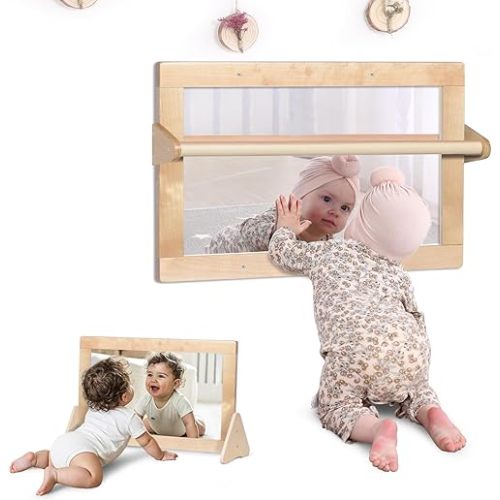 3-in-1 Baby Montessori Wooden Frame Non-Shatter Safety Mirror w/ 2 Pull Up Bars, Infant Coordination Small Mirror for 6-18 Months