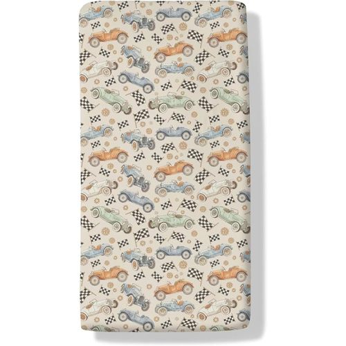 Vintage Racing Car Baby Boys Girls Crib Sheets Retro Racecar Flags Soft Breathable Baby Sheets Racing Vehicles Fitted Crib Mattress Cover for Standard Mattress 28x52in