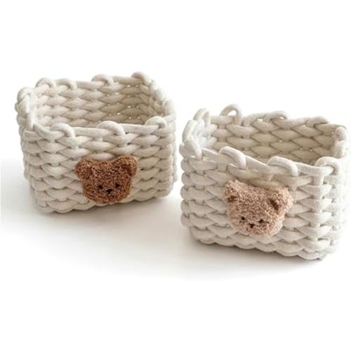 Cute Teddy Bear Square Storage Basket 2 Pack – Handmade Woven Rope Bin for Makeup, Remote Controls, Kids Hair Ties, Art Supplies, Desk & Shelf Organizer (7 x 5.5 x 5 Inch)