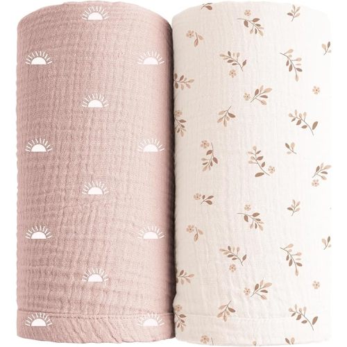 Konssy Muslin Swaddle Blankets for Girls Boys, 2 Pack Receiving Baby Blanket Large 47 x 47 inches, Soft Breathable Swaddling Wrap for Unisex Newborn (Pink Sun,Khaki Leaf)