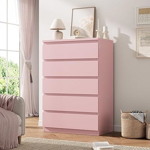 Pink 5 Drawer Dresser for Bedroom, 15" D x 23.7" W x 40.4" H in Modern Chest of Drawers, Wood Storage Dresser with Handleless Drawers for Kids Bedroom, Living Room, Hallway, Entryway
