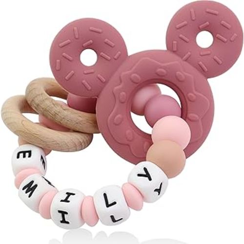 Personalized Baby Teether with Name - Custom Mouse Silicone Teether & Natural Wooden Ring for Boys & Girls - Handmade Unique Baby Shower Gift for Infants & Toddlers (Pink)