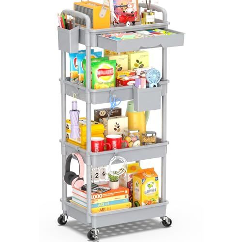 SUNALLY 4 Tier Rolling Utility Cart with Drawer, Storage Organizer Cart with 2 Lockable Wheels, Multifunctional Rolling Storage Cart for Bathroom, Kitchen, Craft, Makeup, Baby Essentials, Gray