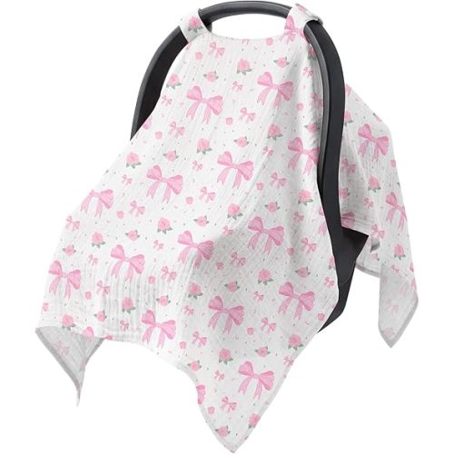 Baby Car Seat Cover - 100% Muslin Cotton Universal Breathable Canopies for Boys and Girls Soft Spring Summer Car Seat Cover Lightweight Infant Car Seat Canopy - Pink Bows