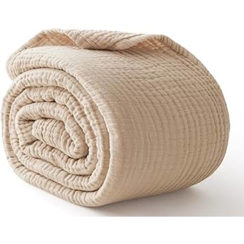 100% Cotton Muslin Blanket 50" x 60", Breathable and Lightweight Cotton Throw Blankets for Couch, Soft Cooling Summer Gauze Blanket for Adults All Season, Beige
