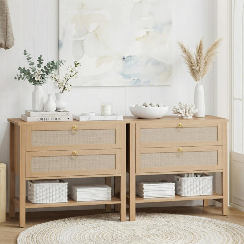 East Urban Home Rattan Nightstand Set of 2, Modern Bedside Table with 2 Drawers, Wood Sofa Side Table for Small Spaces, Accent End Table for Living Room, Cherry Wood | Wayfair