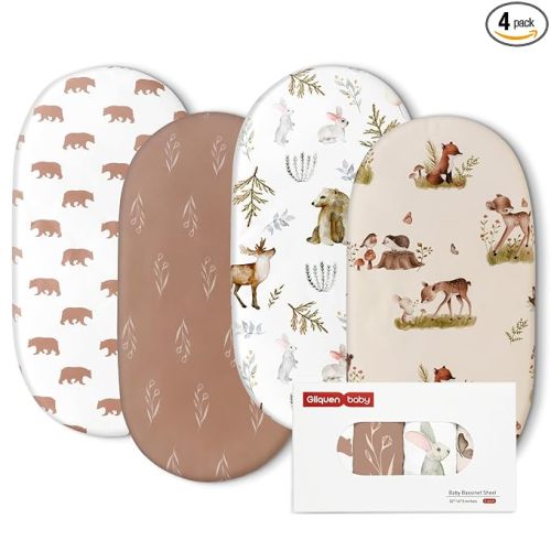 Gllquen Baby Bassinet Sheets 4 Pack, Breathable Cozy Fitted Mattress Sheet, Elastic Travel Crib Fashionable Floral Pattern, Standard Cradle Safe Sheets for Baby Boys Girls 32"x16" (Bear)