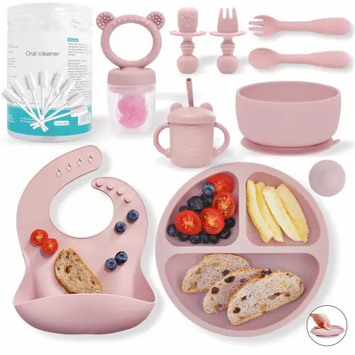 Baby Led Weaning Supplies | Silicone Baby Feeding Set Includes Suction Bowls and Plates, Baby Utensils Spoons and Forks,Cup for Toddler | Babies Eating Dishes Set 6-12 Months（Pink）