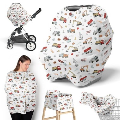 Sweet Jojo Designs Boy 5-in-1 Multi Use Baby Nursing Cover Construction Truck Red Blue and Grey