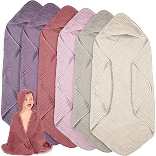 Peryiter 6 Pcs Muslin Hooded Baby Towels 32x32inch Cotton Newborn Bath Essentials Muslin Infant Blankets Absorbent Registry Baby Shower Present for Babies Girl Boy Kids (Brown Series)
