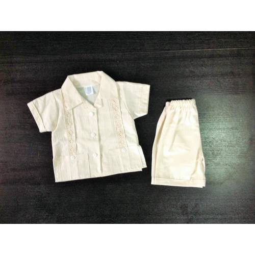 Mexican Baby Toddler Boy Guayabera Outfit Beige Outfit Embroidered Handmade Shirt and Shorts Set Different Sizes