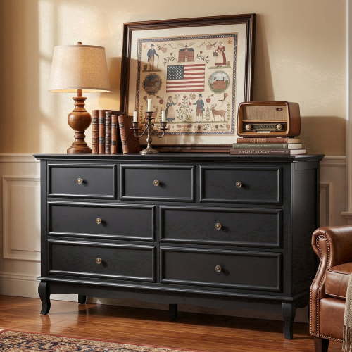May in Color 7 Drawer Dresser, Black Wide Chest of Drawers with Solid Wood Legs, Modern Vintage Storage Dresser Cabinet for Bedroom Living Room Hallway