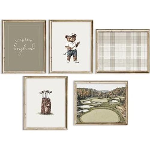 Golf Nursery Wall Art Vintage Sports Decor Wall Baby Boy Room Prints Teddy Bear Canvas Golf Course Poster Kids Animal Pictures Sage Green Painting Artwork for Playroom Bedroom 12x16x5 Inch Unframed