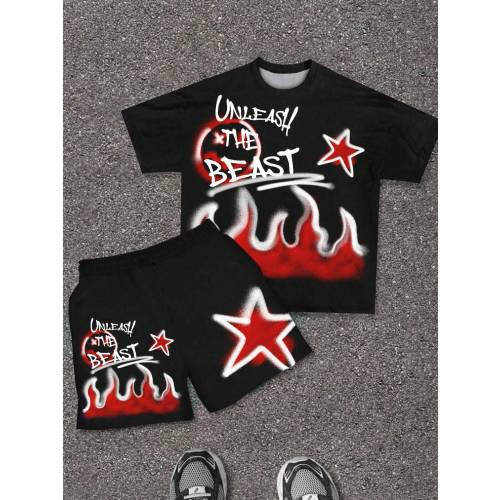 SHEIN Baby Boy Letter Print Round Neck Short Sleeve T-Shirt And Shorts Casual Racing Minimalist Set, Suitable For Summer Daily Wear Holiday Black