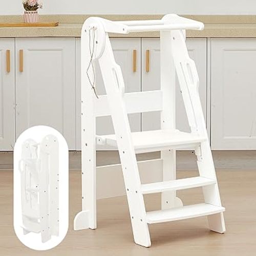 FUNLIO Foldable Kitchen Step Stool for Kids 2-6 Years, 3-Level Height Adjustable Kitchen Step Stool for Toddler, Easy to Assemble, CPC Approved - White