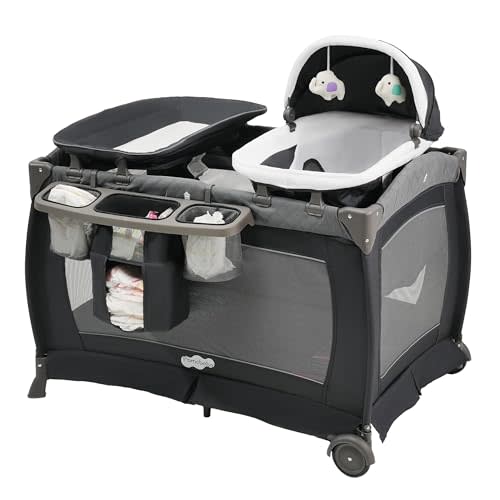 Pamo Babe Playard Portable Playard Foldable Playpen for Baby and Toddler Portable Crib Mattress Diaper Changer for Newborn (Grey)