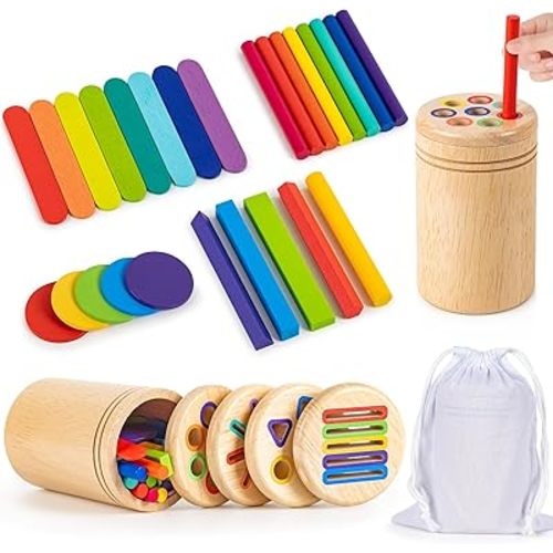 Montessori Toys for 3 4 5 Year Old, 4 in 1 Wooden Color Sorting Toys, Preschool Learning Activities Fine Motor Skills Sensory Toys for Toddlers