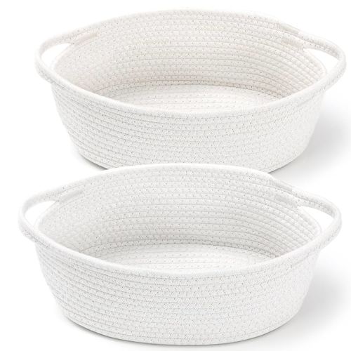 2 Pack Small Woven Basket with Gift Bags and Ribbons, Empty Decorative Gift Chest Box, Cute Baby Gift Basket for Nursery, Cotton Rope Room Shelf Storage Basket with Handles, All 12"x 8"x 5",White