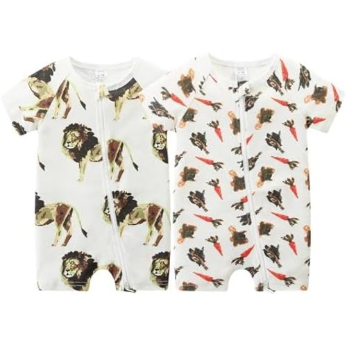 Unisex Summer Trendy 2-Pack Rompers Short Sleeve Zipped Bodysuit Infant Cotton Outfits