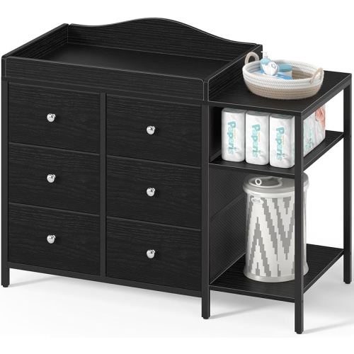 BOLUO Baby Dresser with Changing Table Top, Black Changing Table Dresser with 6 Fabric Drawers Diaper Changing Station with Storage Shelf for Nursery Modern