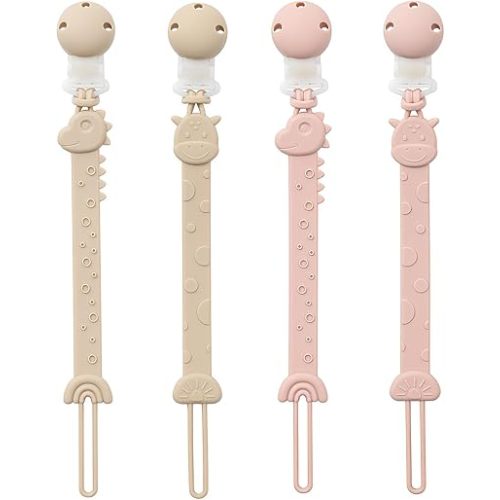 Pacifier Clips for Baby Boys Girls, One-Piece Silicone Pacifier Holder Strap 4 Pack, Binky Paci Clips Animal Rainbow Design, Lightweight Break-Resistant, Dishwasher Safe-Ivory+Blush